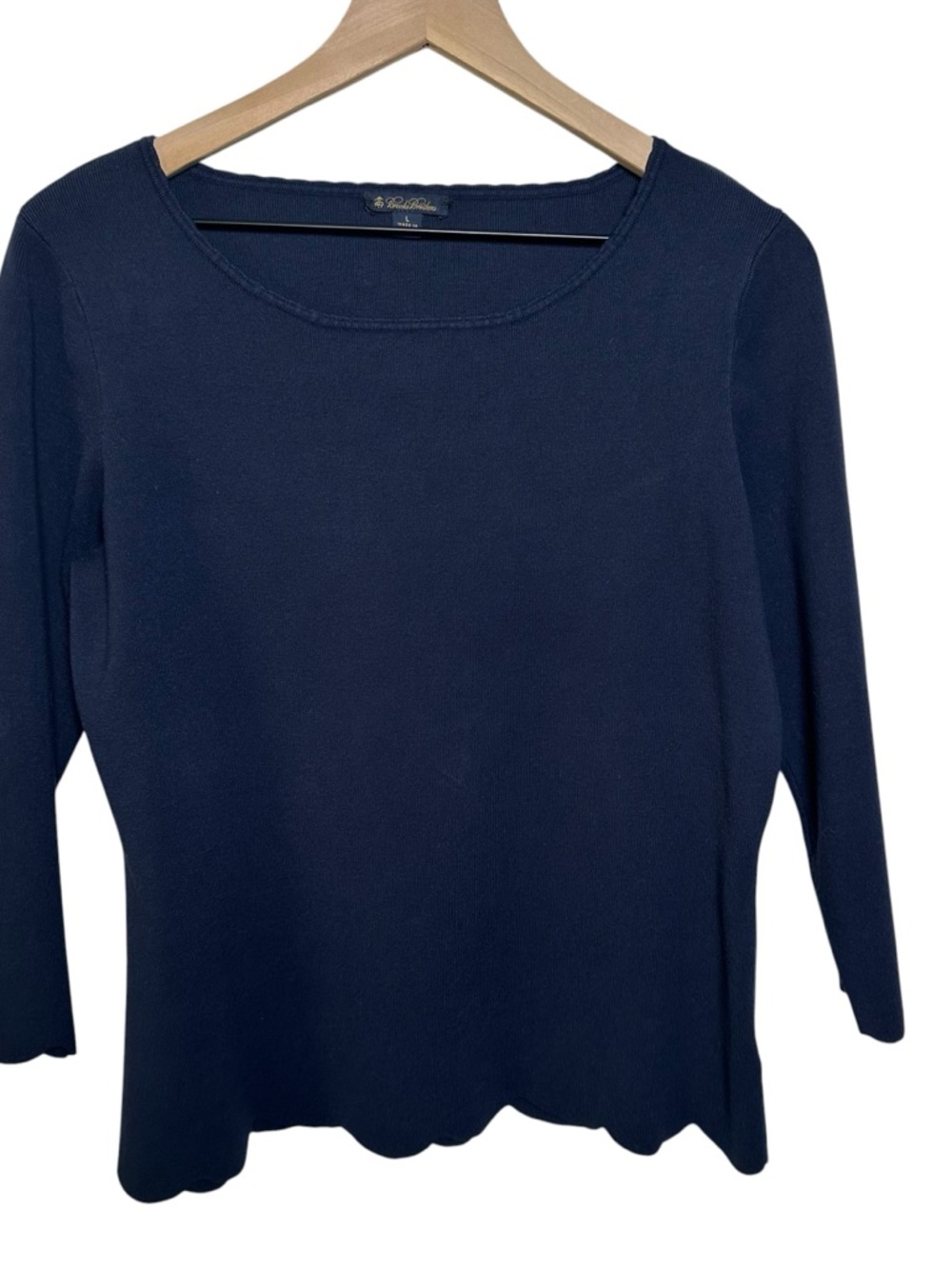 Brooks Brother Womens Navy Blue Scalloped Hem 3/4 Sleeve Sweater Top Large